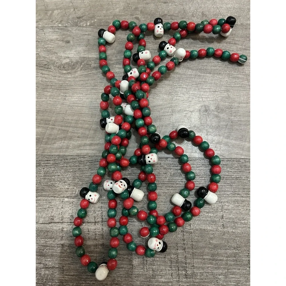 4 Garland Strands Red Green White Wood Wooden Beads Christmas Snowman 102